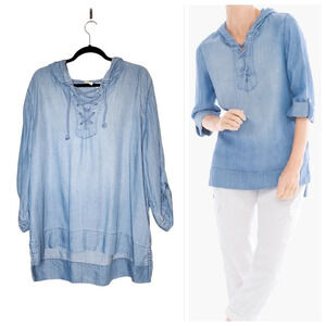 Chico's Zenergy chambray lace up hooded blue top. Roll tab sleeves. Size 3 -16/L